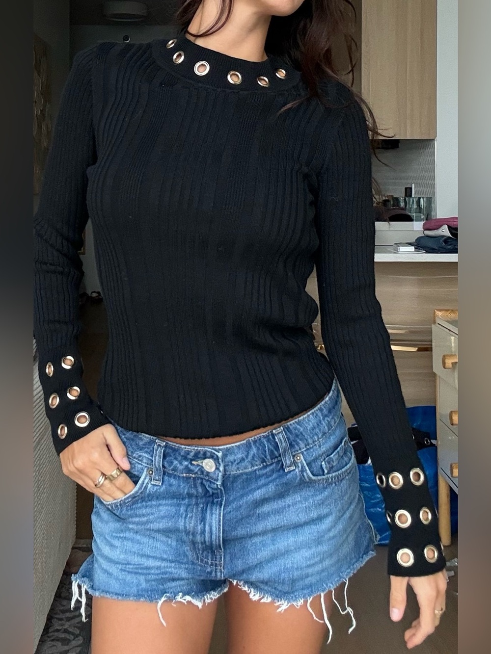 INC International Concepts Black Ribbed Long-Sleeve Top with Grommet Detail